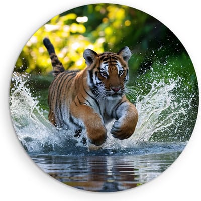 Saammp Muurcirkel Hout - Tijger welp in het water - Natuur - Dieren - Ø 90 - Wandcirkel - Wanddecoratie Cirkel - muurdecoratie Woonkamer - Slaapkamer decoratie - Rond Schilderij