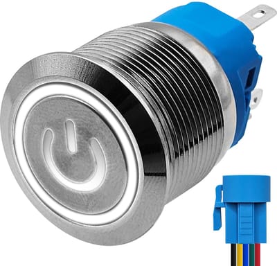ProRide Metalen Drukschakelaar ON-OFF met Aansluitkabel - 22mm - Spatwaterdicht - 12V/24V - LED Indicatie Wit