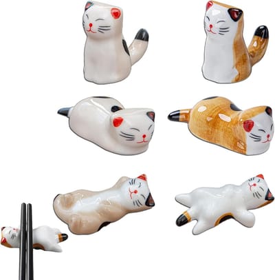 Set van 6 Keramische Steunen voor Eetstokjes, Kat Design, Perfect voor Keuken en Eettafel, Decoratieve Keukengerei en Bestekopslag
