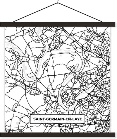 Posterhanger incl. Poster 60x60 cm - Schoolplaat - Plattegrond - Kaart - Frankrijk - Saint-Germain-en-Laye - Stadskaart - Zwart wit - Textielposter - Zwarte latten - Stadskaart