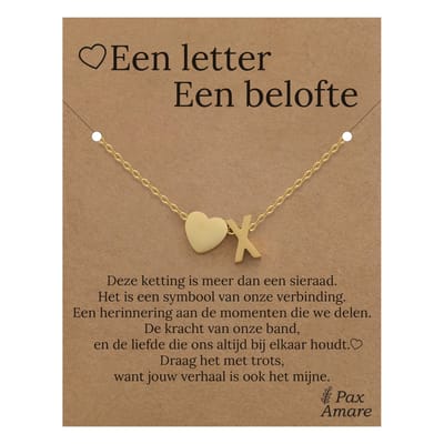 Letter X ketting op Cadeau Kaartje - Een letter, een belofte - 45cm Goudkleurig Stainless Steel - Initiaal & Hartje Hanger - Pax Amare