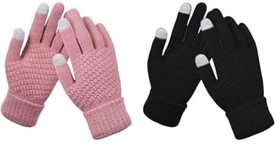 Handschoenen - Handschoenen winter - Handschoenen dames - Thermische gebreide handschoenen - Antislipwanten met elastische manchetten - 2 paar - Met touchscreen - Met fleece gevoerde - Voor dames in de winter (zwart,roze)
