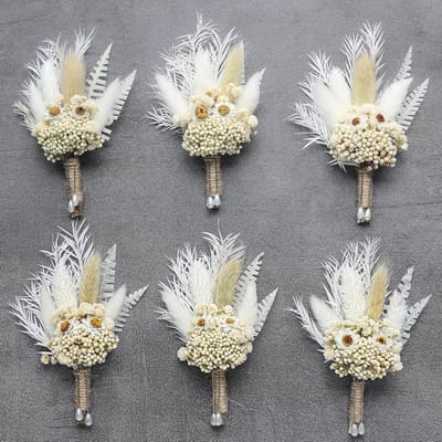 Gedroogde Bloem Boutonniere - Corsage Set - Bruiloft Accessoire - Echte Gedroogde Bloemen - 6 stuks - Wit