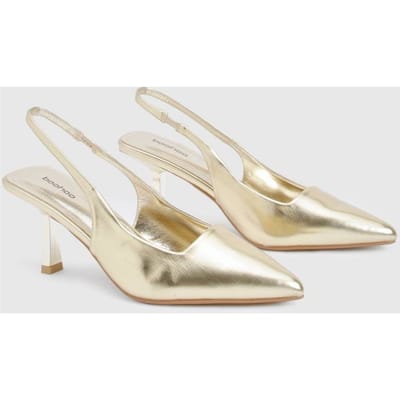 boohoo Dames Brede pasvorm lage stiletto slingback court | Gold | Maat: 3