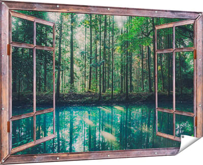 Gards Tuinposter Doorkijk Bos bij een Groen Meer - 180x120 cm - Tuindoek - Tuindecoratie - Wanddecoratie buiten - Tuinschilderij