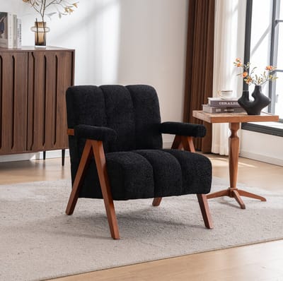 Fauteuil - Accentstoel Met Armleuningen - Zachte Bouclé Bekleding En Massief Eikenhouten Frame - Voor Woonkamer En Leeshoek - Stof Zwart