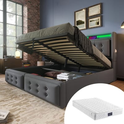 Gestoffeerd bed 160x200, tweepersoonsbed met LED-hoofdbord en USB-C-oplaadfunctie, hydraulisch bed met houten lattenbodem en metalen frame, draagvermogen 300 kg, grijs, katoen (inclusief matras)