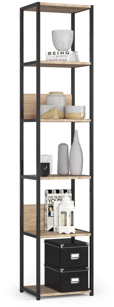 Open Boekenkast, Ladderkast, Industriële Stijl / Metalen Vakkenkast met 6 Planken / Opbergplank / Boekenrek Opslagrek / Zwart - Sonoma Eik / 40 x 192 x 32 cm