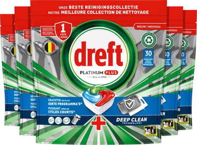 Dreft Platinum Plus All In One - Vaatwastabletten - Deep Clean Fresh Herbal Breeze - Voordeelverpakking 150 Capsules