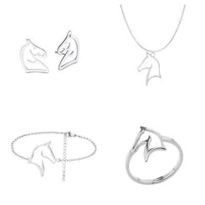 SportPresent® - Sieradenset - Paardrijden - Oorbellen - Ketting - Ring - Armband - Sport - Zilver kleur - hippische sport - Paard - Sportsieraad - Sieraden - Sportsieraden - Team - Teamkado