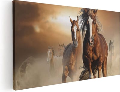 Artaza Canvas Schilderij Paarden - 40x20 cm - Klein - Wanddecoratie Dieren - Muurdecoratie Zonsondergang - Schilderijen Op Canvas