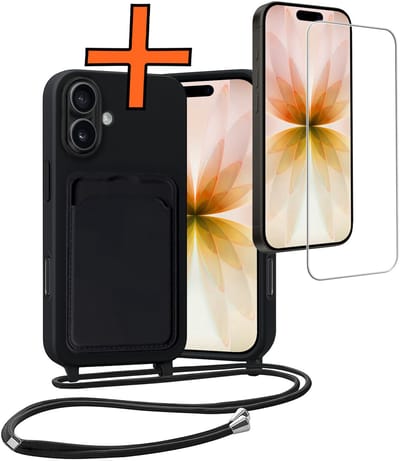 Hoesje Geschikt voor iPhone 17 Hoesje Met Telefoonketting Pasjeshouder Case Met Screenprotector Koord - Hoesje Geschikt voor iPhone 17 Hoes Met Kaarthouder - Zwart