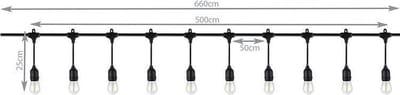 Prikkabel met hanglampen - 5 meter - 10 lampen - Warm wit - 24V