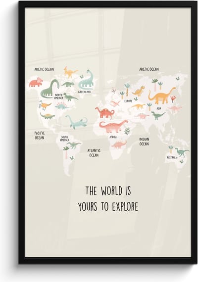 Poster in lijst - Fotolijst 60x90 cm - Posters - Wereldkaart - Dino - Kinderen - Dinosaurus - Posterlijst zwart - Kamer decoratie - Wanddecoratie kinderkamer - Muurdecoratie babykamer