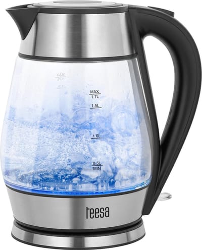 Teesa TSA1512B - Elektrische glazen waterkoker, 1,7 liter, roestvrijstaal/zwart