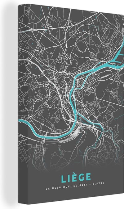 Canvas Schilderij Kaart – Plattegrond – Stadskaart – Liège – België - Grijs - 20x30 cm - Wanddecoratie