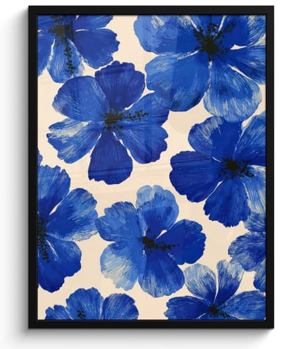 Poster in lijst - Fotolijst 50x70 cm - Posters - Bloemen - Blauw -Patroon - Wit - Posterlijst zwart - Decoratie - Wanddecoratie woonkamer - Muurdecoratie slaapkamer