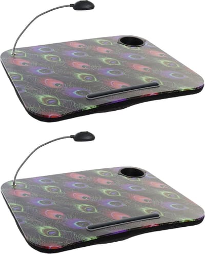 Schootkussen/laptray met LED verlichting - 2x stuks - 48 x 38 cm - gekleurde pauwenveren print - schoot tafeltje