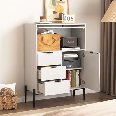 DESMIU Dressoir - Veel Opbergruimte Met 3 Lades En 2 Deuren - Voor Keuken Eetkamer En Hal - Spaanplaat - 85x40x120 Cm - Wit