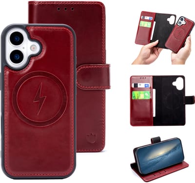 Casemania Echt Leren Hoesje Geschikt voor Apple iPhone 17 - Maroon Red - Geschikt voor MagSafe - Leer 2 in 1 Magnetisch Afneembare Book Case - Portemonnee Telefoonhoesje met Pasjeshouder