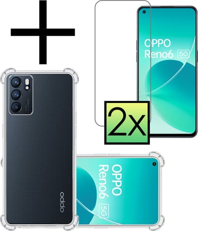 Hoesje - Met Screenprotector - 2 Stuks - Geschikt voor OPPO Reno 6 - Sterk & Shockproof - Siliconen Case - Back Cover - Telefoon Hoes - Shock Proof - Transparant