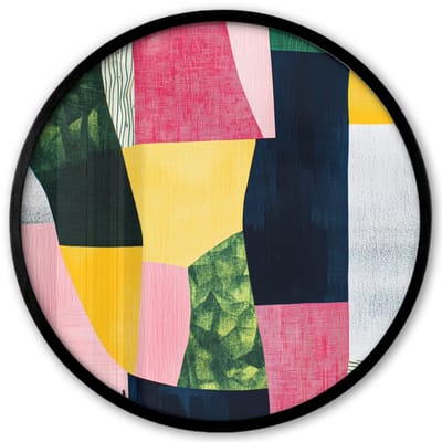 Poster in lijst Rond - Fotolijst 40x40 cm - Posters - Abstract - Roze - Lappen - Vormen - Geel - Ronde posterlijst zwart - Decoratie - Wanddecoratie woonkamer - Muurdecoratie slaapkamer