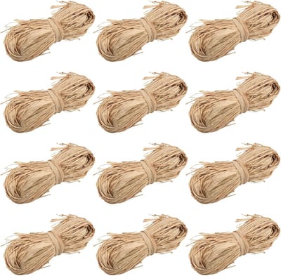 12 Pack Natuurlijke Raffia Bundels 600g - Bruine Raffia voor Handwerk, Cadeauverpakking en Bloemstukken, 50g per Verpakking