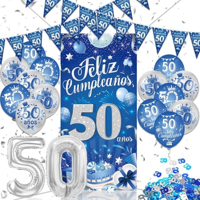 Allecto - 50e verjaardag decoraties - Verjaardagsbanner - Zilverblauw - Ballonnen en confetti - Geschikt voor mannen - Feestdecoratie