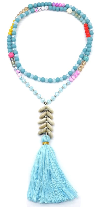 Lange Ketting met Kwast - Kralen en Schelpen - Lengte 90 cm - Blauw