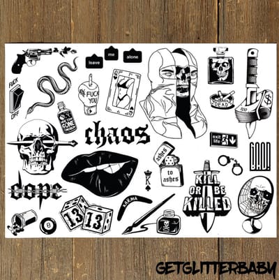 GetGlitterBaby® - Stoere Tattoos / Tijdelijke Tattoo / Henna Plak Nep Tatoeage voor Volwassenen / Festival Tattoes / Fake Temporary Halloween Tattoo - Chaos