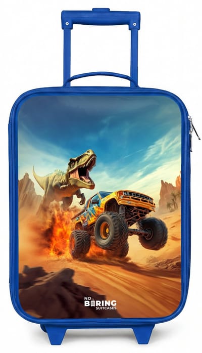 NoBoringSuitcases.com® - Kinderkoffer blauw - Kindertrolley jongen - Vluchtende truck voor T-Rex in vurige woestijn - Koffer kind lichtgewicht - Reiskoffer trolley voor kinderen - Koffertje met lichtgevende wieltjes - Rolkoffer