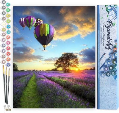 Figured'Art Schilderen op Nummer Volwassenen canvas Luchtballon boven paarse velden - Handwerk acrylverf Kit DIY Compleet - 40x50cm zonder frame