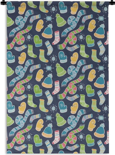 Wandkleed - Wanddoek - Sjaal - Handschoenen - Muts - Regenboog - Winter - Patronen - 120x180 cm - Wandtapijt