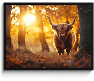 Poster in lijst - Fotolijst 70x50 cm - Posters - Schotse hooglander - Bos - Herfst - Dieren - Natuur - Bladeren - Posterlijst zwart - Decoratie - Wanddecoratie woonkamer - Muurdecoratie slaapkamer