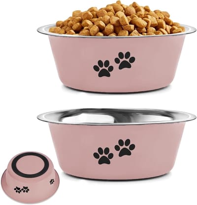 Set van 2 Hondenvoederschalen, Antislip RVS Voer- en Waterbakken voor Kleine en Grote Honden, Ø 17 cm, 860 ml, Roze