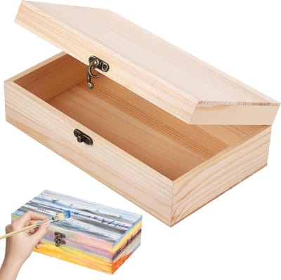 Onafgebouwde Houten Opbergdoos met Deksel, 25 x 15 x 8 cm, Kleine Houten Kist met Scharnier en Sluiting, Ideaal voor Kunst en Hobbyspullen