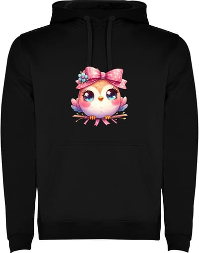 Zwarte Hoodie Kleurrijke Kleine Vogel - Schattig - Roze zittend op tak met Grote Strik met stippen - Blij - Cartoon - Humor Maat M