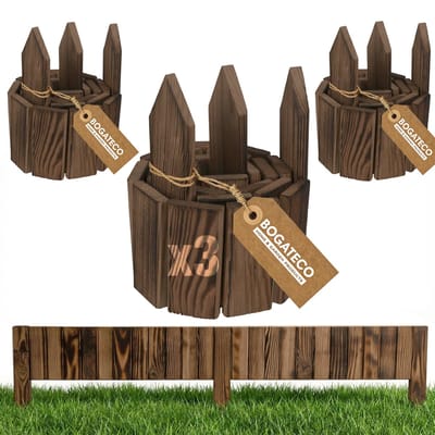 BOGATECO Set van 3 houten rolborders voor bedranden met houten latten | Oprolbaar hekwerk 10 cm hoog en 112 cm lang | Houten hekwerk | Staanders hekwerk, perfect als bedrand of padafbakening | Bruin