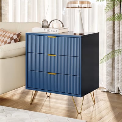 Commode met 3 lades, blauw bijzettafeltje met metalen poten, ladekast, moderne stijl, voor slaapkamer, woonkamer, hal, kantoor, 60 x 40 x 70 cm