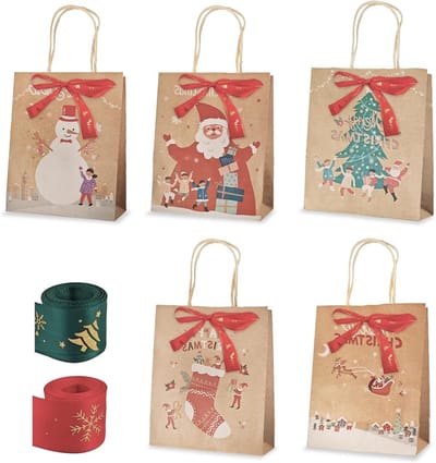 Kerstcadeauzakjes van Kraftpapier - 10 Stuks met Kerstafdrukken en Handvat voor Cadeauverpakking en Feestelijke Decoratie
