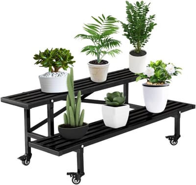 VIN® Plantenrek op wielen - Plantenladder - Plantentrap - Plantenrek Opbergrek - Plantenstandaard - Plantenhouder - Bloemenrek – Bloementrap Met 2 Etages