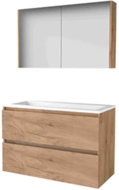 Basic-Line Comfort 46 Badkamermeubelset - 100 x 46 cm - Greeploos - 2 Lades - Acryl Wastafel - 1 Kraangat - Spiegelkast - Whisky Oak