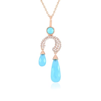 Cavill - Zilveren Halsketting - 925 Sterling Zilver Rosé Verguld - Blauwe Chalcedoon 4.32 ct & Turkoois - Druppelvormige Briolette Edelsteen Sieraden