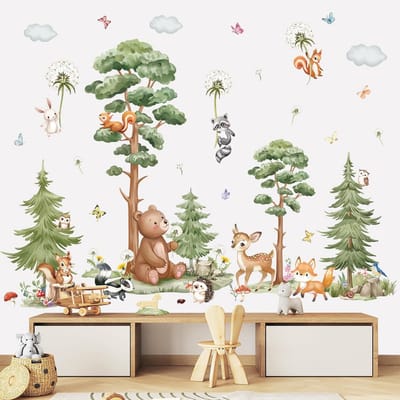 Famanu – Muursticker bosdieren boom grote muursticker dieren beer hert paardenbloem muursticker wanddecoratie voor kinderkamer babykamer slaapkamer