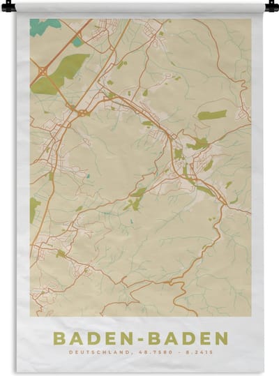 Wandkleed - Wanddoek - Baden-Baden - Vintage - Plattegrond - Kaart - Stadskaart - 120x180 cm - Wandtapijt