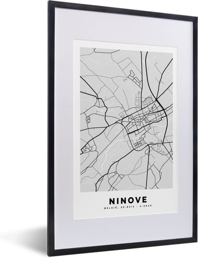 Fotolijst incl. Poster Zwart Wit- Stadskaart – Plattegrond – België – Zwart Wit – Ninove – Kaart - 40x60 cm - Posterlijst