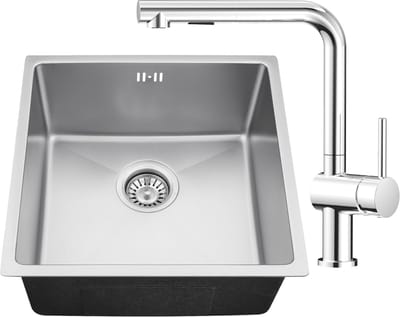 Auralum max Spoelbak RVS (44x44CM) – Spoelbak Keuken Met L-uitloop Keukenkraan - Spoelbakken Keuken – Wasbak Keuken - RVS