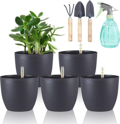 Dailygoods- Zelfbewateringspot met Irrigatiesysteem - Plantenpot met Waterindicator - Hydrocultuurpot - Set van 5 - 15cm - Effectieve Waterbesparing