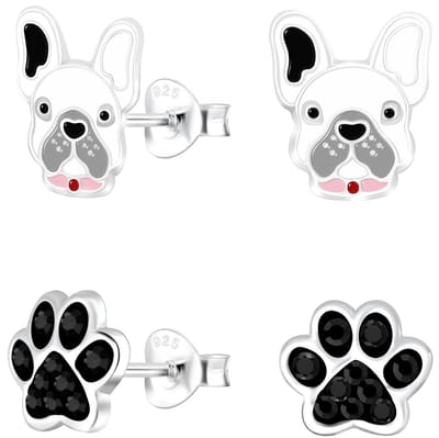 Joy|S - Zilveren hond oorbellen set - 2 paar - dierenpoot - hond - t35