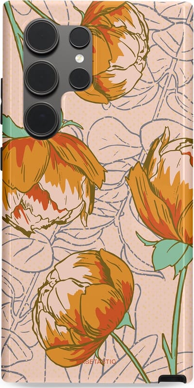 Casetastic hoesje geschikt voor Samsung Galaxy S24 Ultra - Dubbellaagse bescherming - Lente pioenroos - Fashion Case - Zand Zilver Okergeel Terracotta